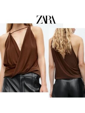 Zara chocolate brown draped wrap halter top sleeveless strappy Sz XS